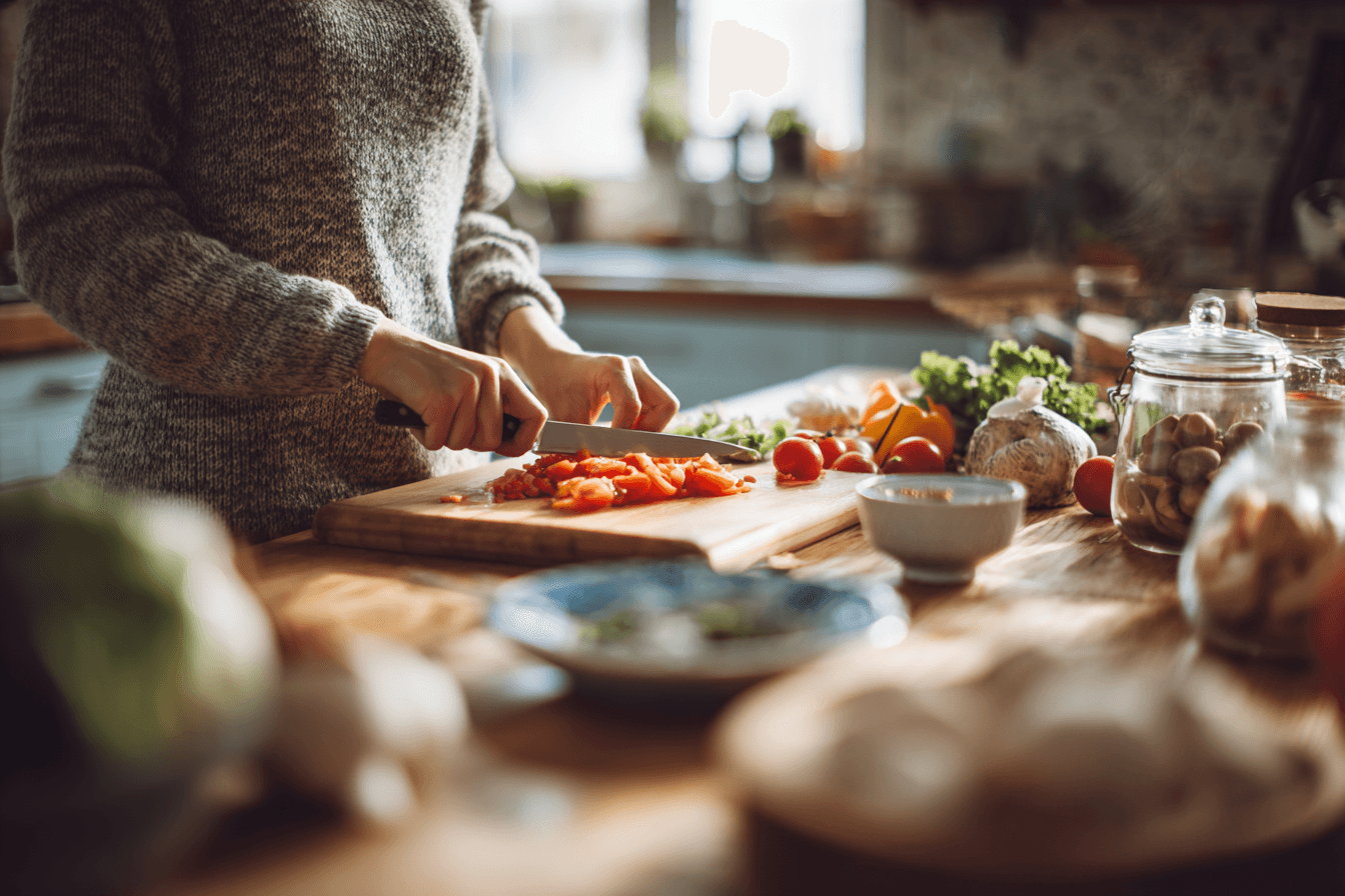 Frau bereitet entzündungshemmende Mahlzeit mit Gemüse und Olivenöl zu