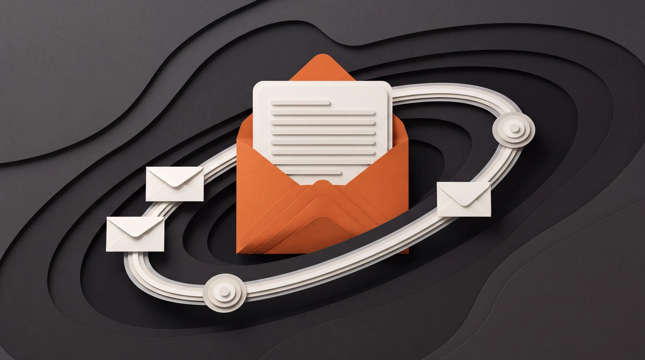 An open orange envelope and cream message connect to smaller envelopes along a curved path, illustrating automated email journeys.