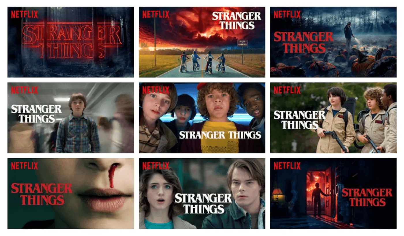 Netflix Stranger Things artwork personalization showing nine different thumbnail variations for the same title.