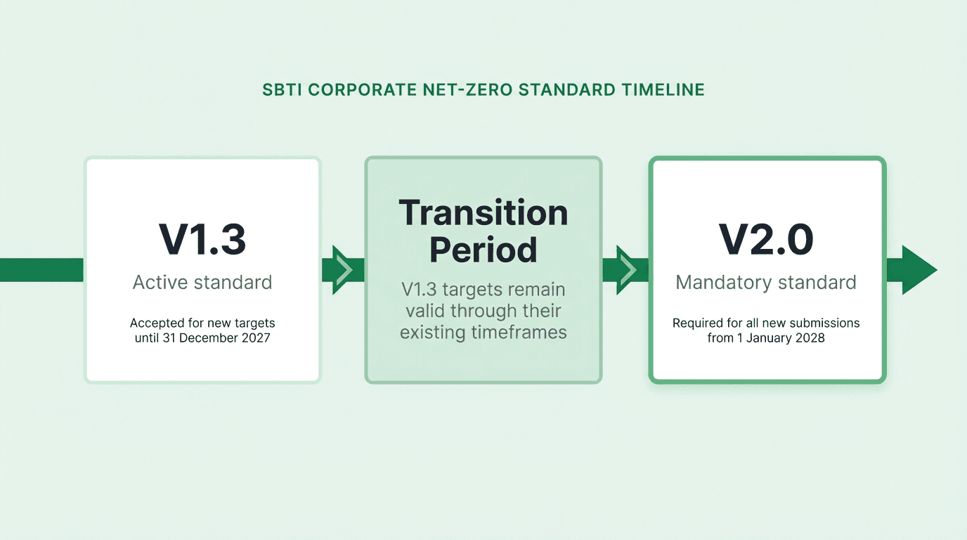 Timeline showing SBTi V1.3 active through 31 December 2027 and V2.0 mandatory from 1 January 2028, with a transition period where V1.3 targets remain valid through their existing timeframes