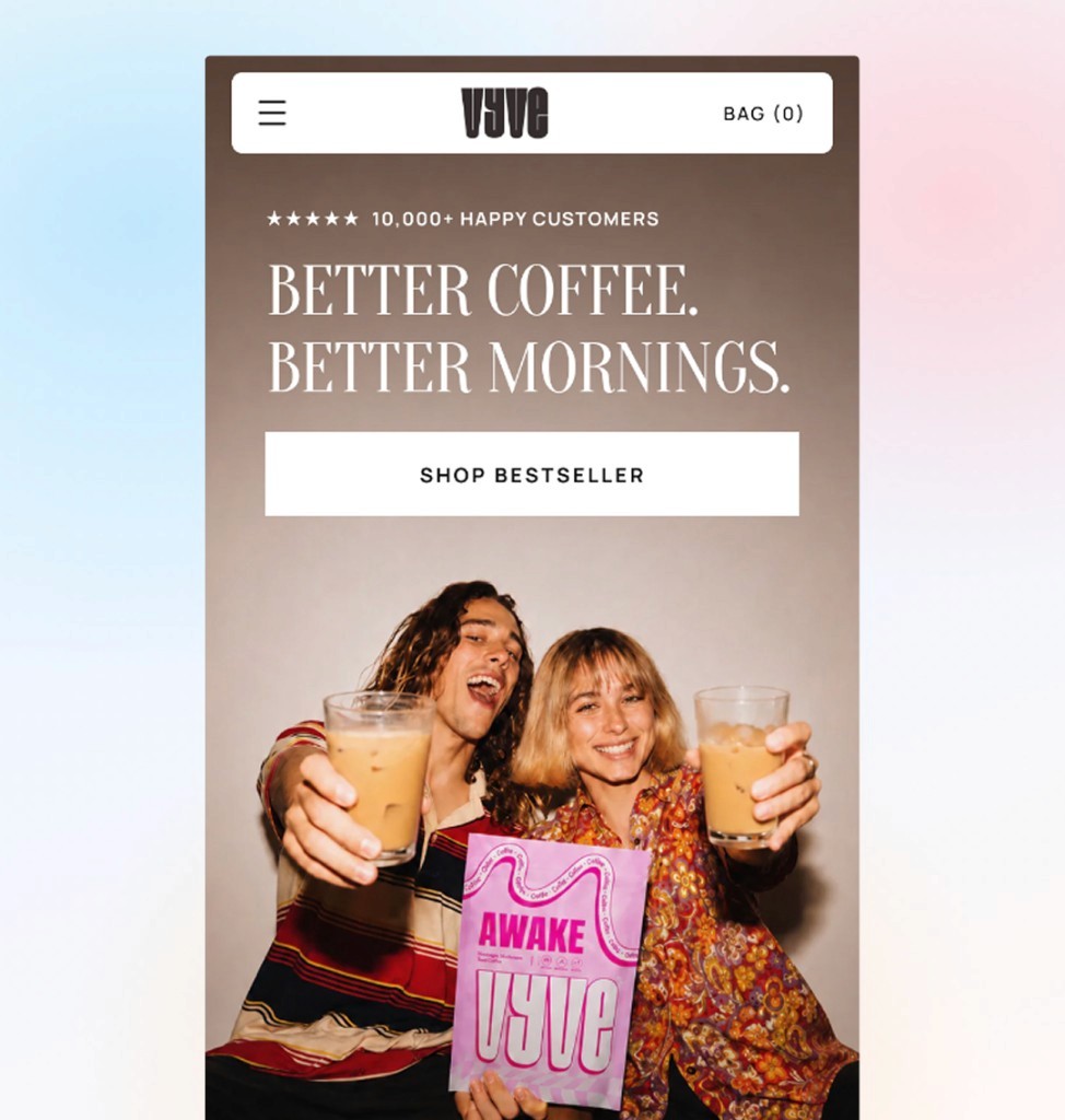 Vyve mobile homepage hero with lifestyle creative, social proof, and shop bestseller CTA