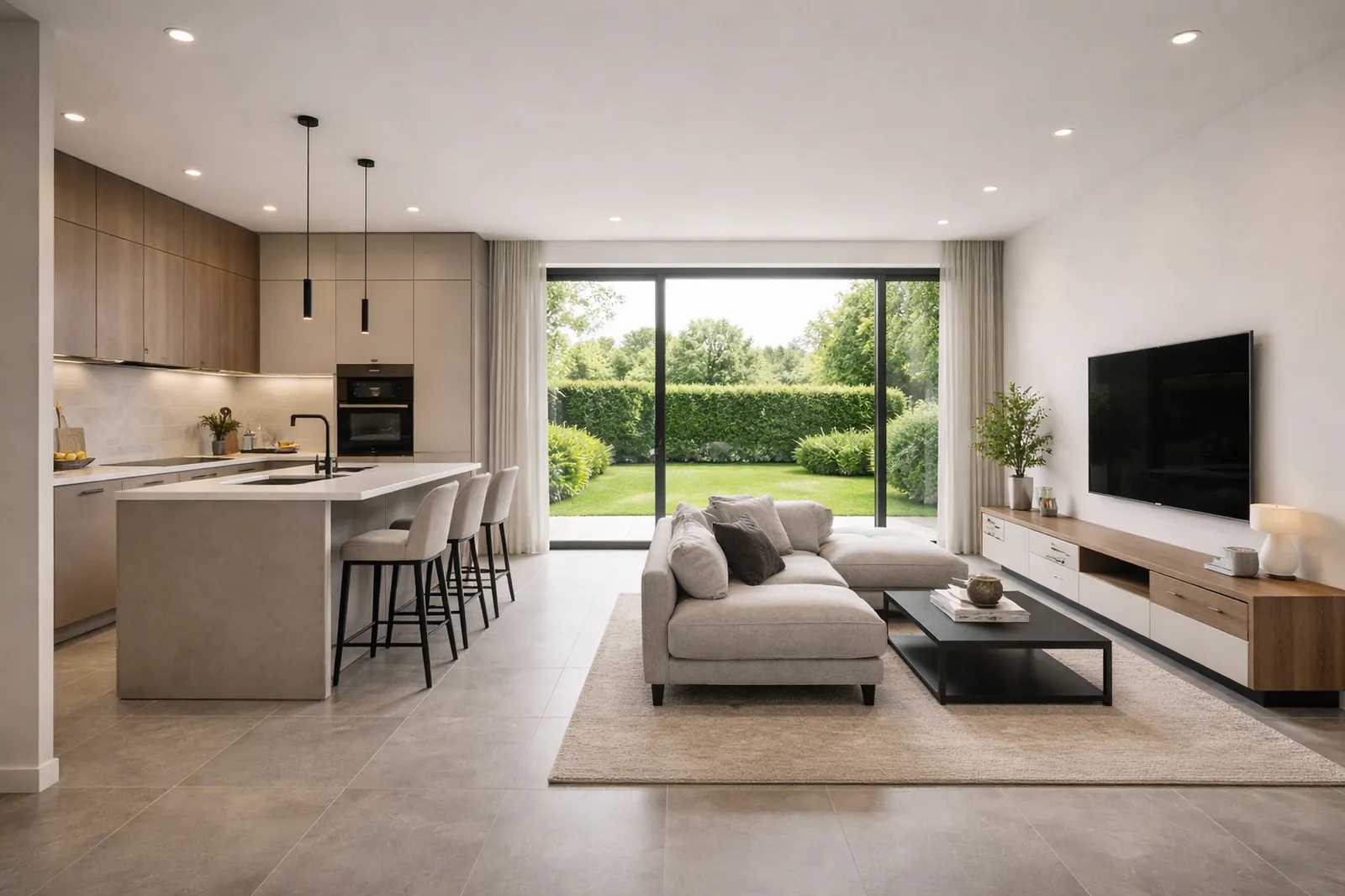 Interno di casa ristrutturata con zona giorno luminosa e affaccio sul giardino