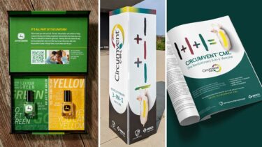 Close up of opened John Deere Nail Polish Influencer Kit, alongside photos of a Circumvent CML pylon and magazine ad.