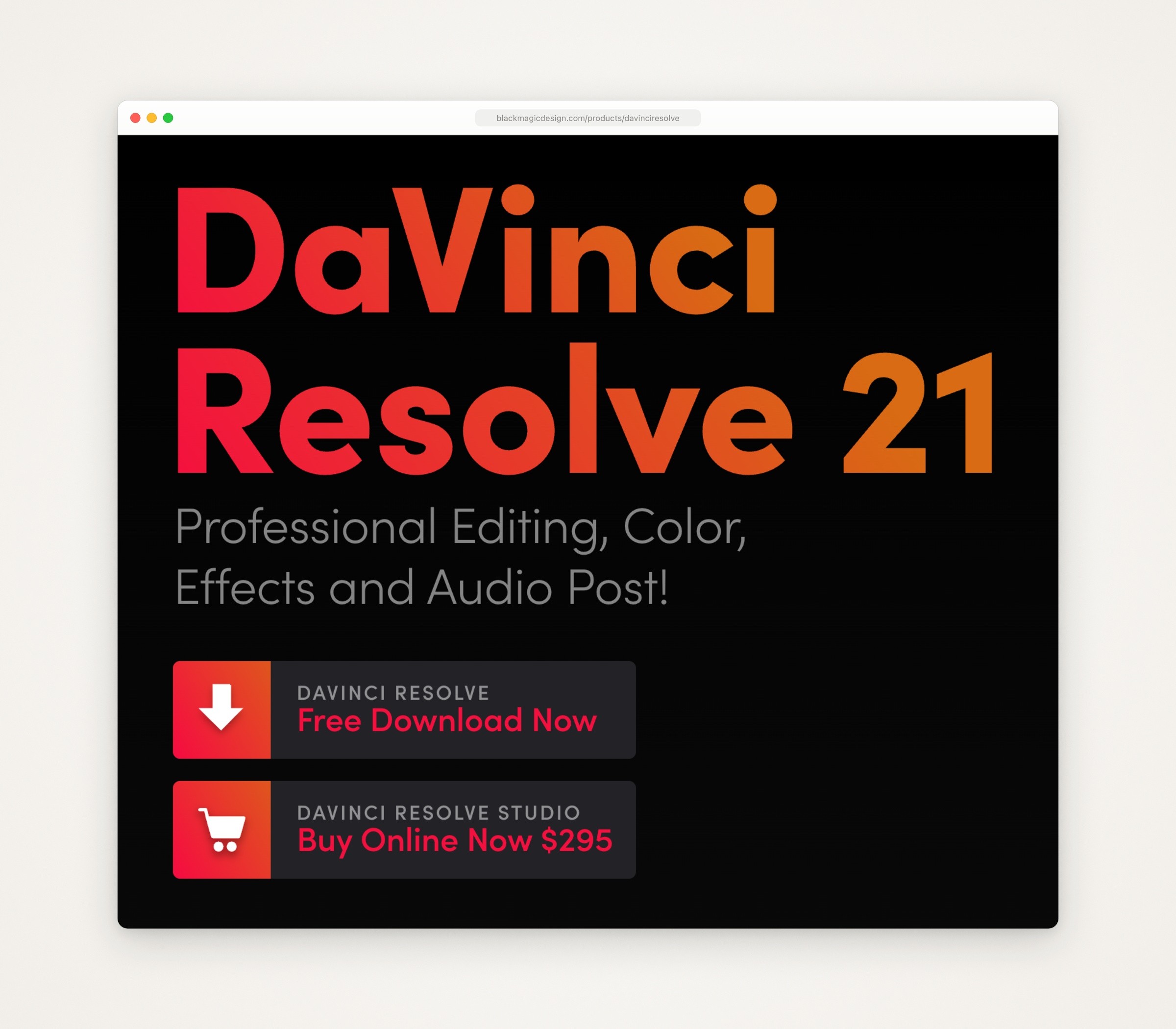 Blackmagic Design’s DaVinci Resolve 21 page with two buttons: Free Download Now for DaVinci Resolve and Buy Online Now for DaVinci Resolve Studio at $295