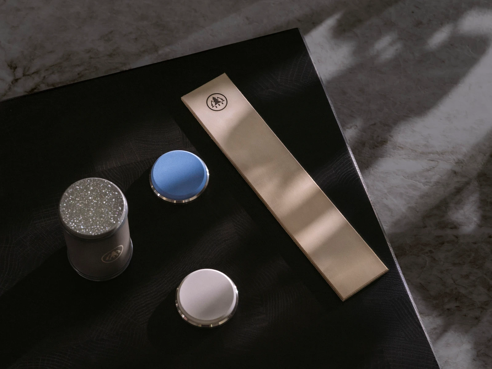 Placing the HORL® Leather Strop on a flat, stable surface in preparation for knife stropping.