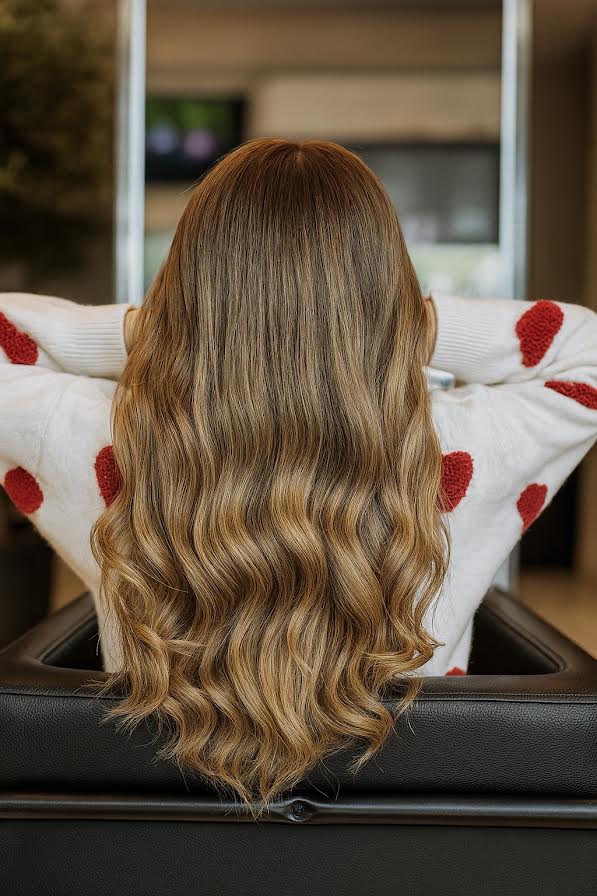 Rückenansicht einer Kundin mit langen, gewellten Haaren und weißem Pullover mit roten Herzen
orchids