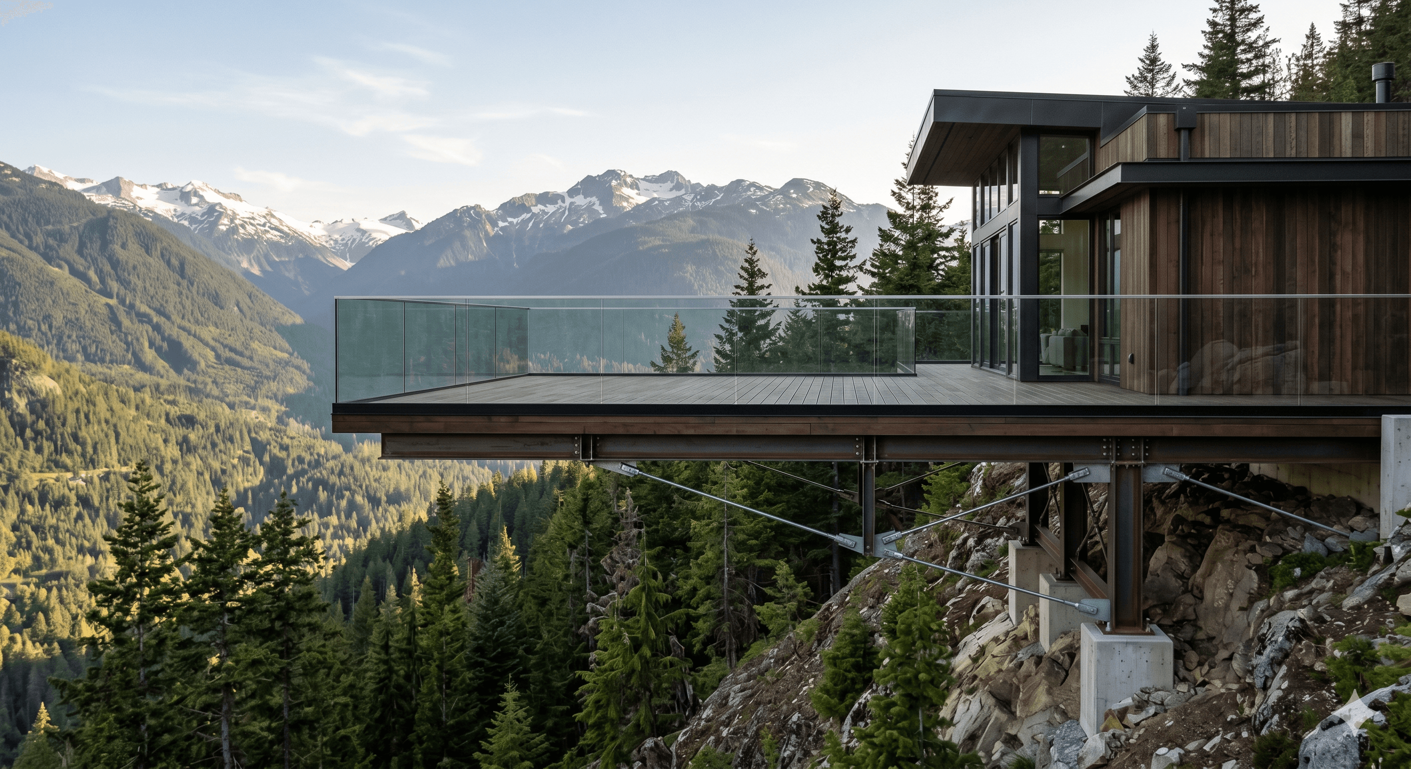 Glass railing on an elevated cantilevered deck of a Whistler hillside mountain home.