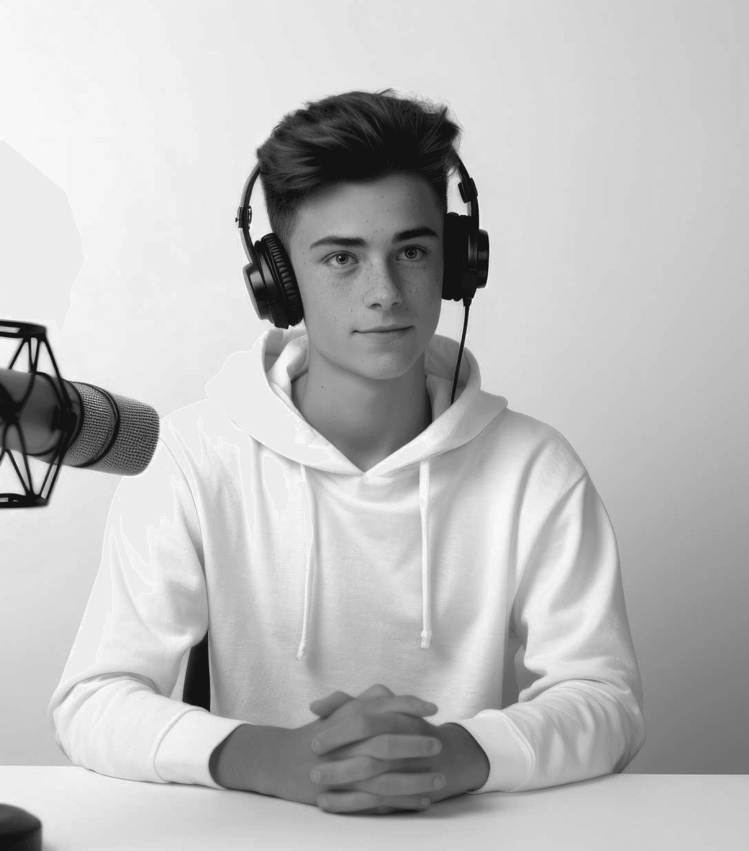 A man recording a podcast episode with a microphone.