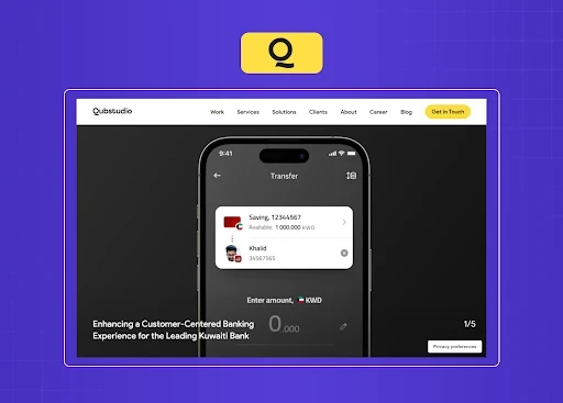 UX agency homepage featuring a banking product case study and customer-centered digital experience design.