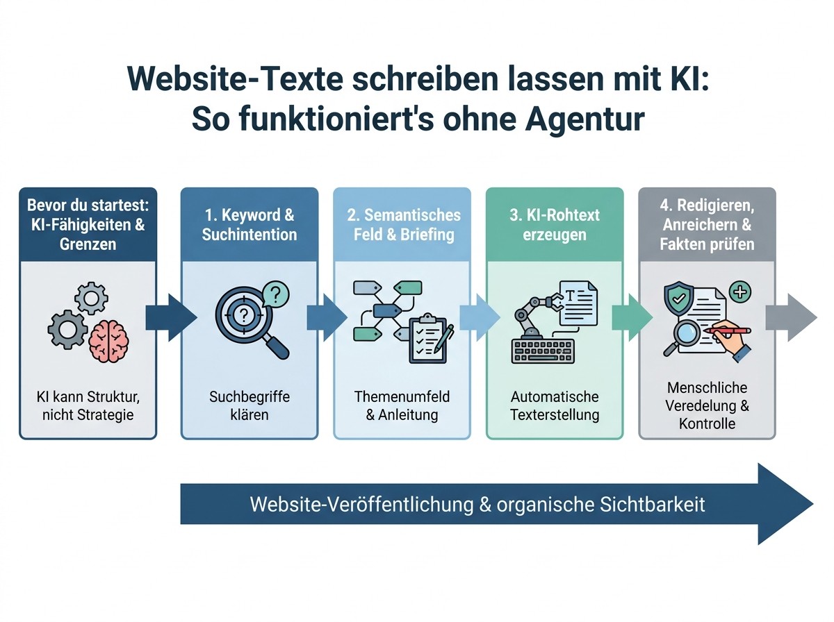 Ablaufdiagramm: Website-Texte schreiben lassen mit KI: So funktioniert's ohne Agentur