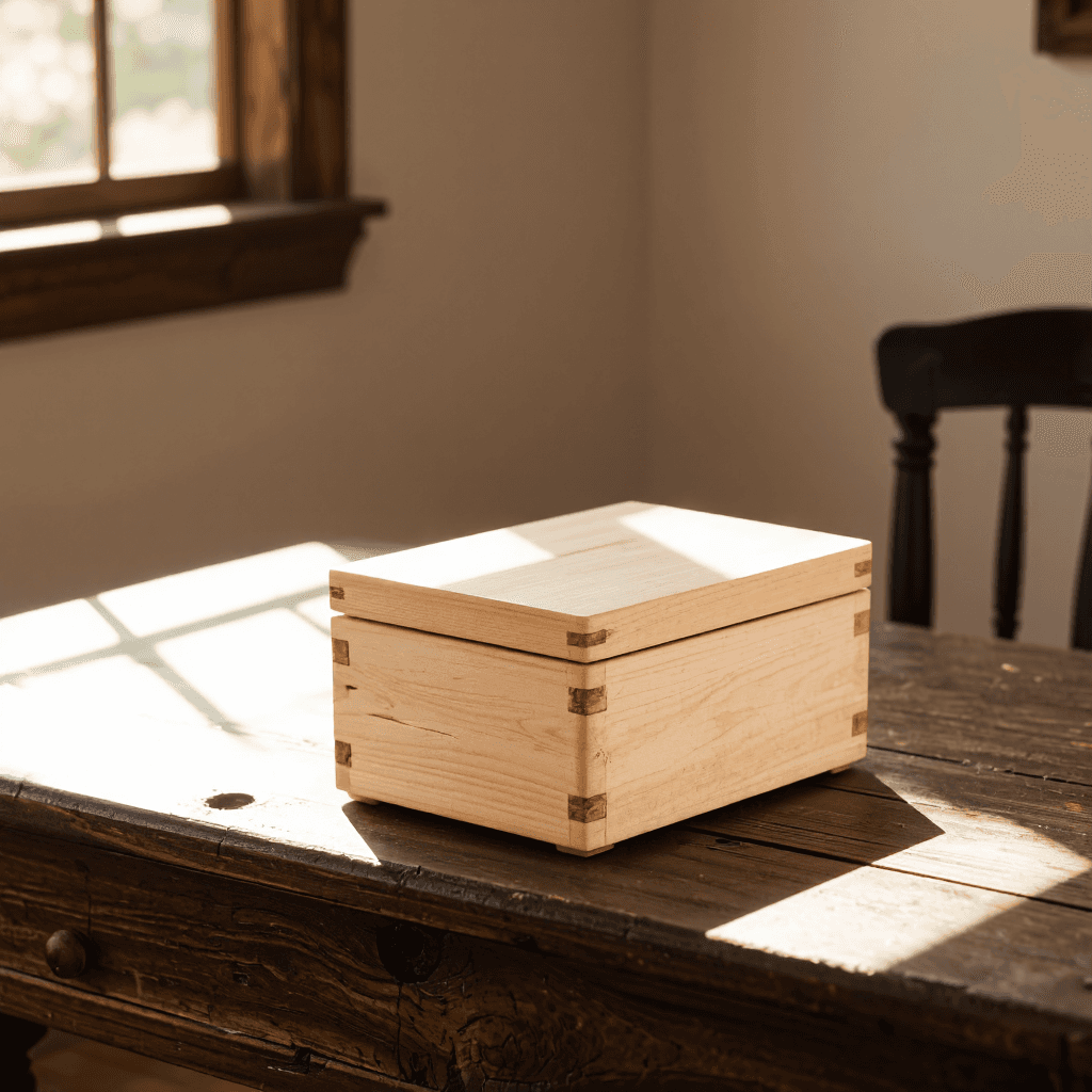 product photography of a small wooden box for storage