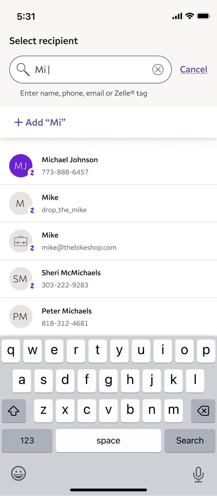 Search results showing all recipient types