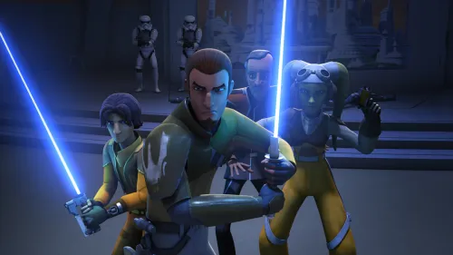 Kanan Jarrus holding a lightsaber, Ezra Bridger Holding a lightsaber, and Hera Syndulla holding a blaster