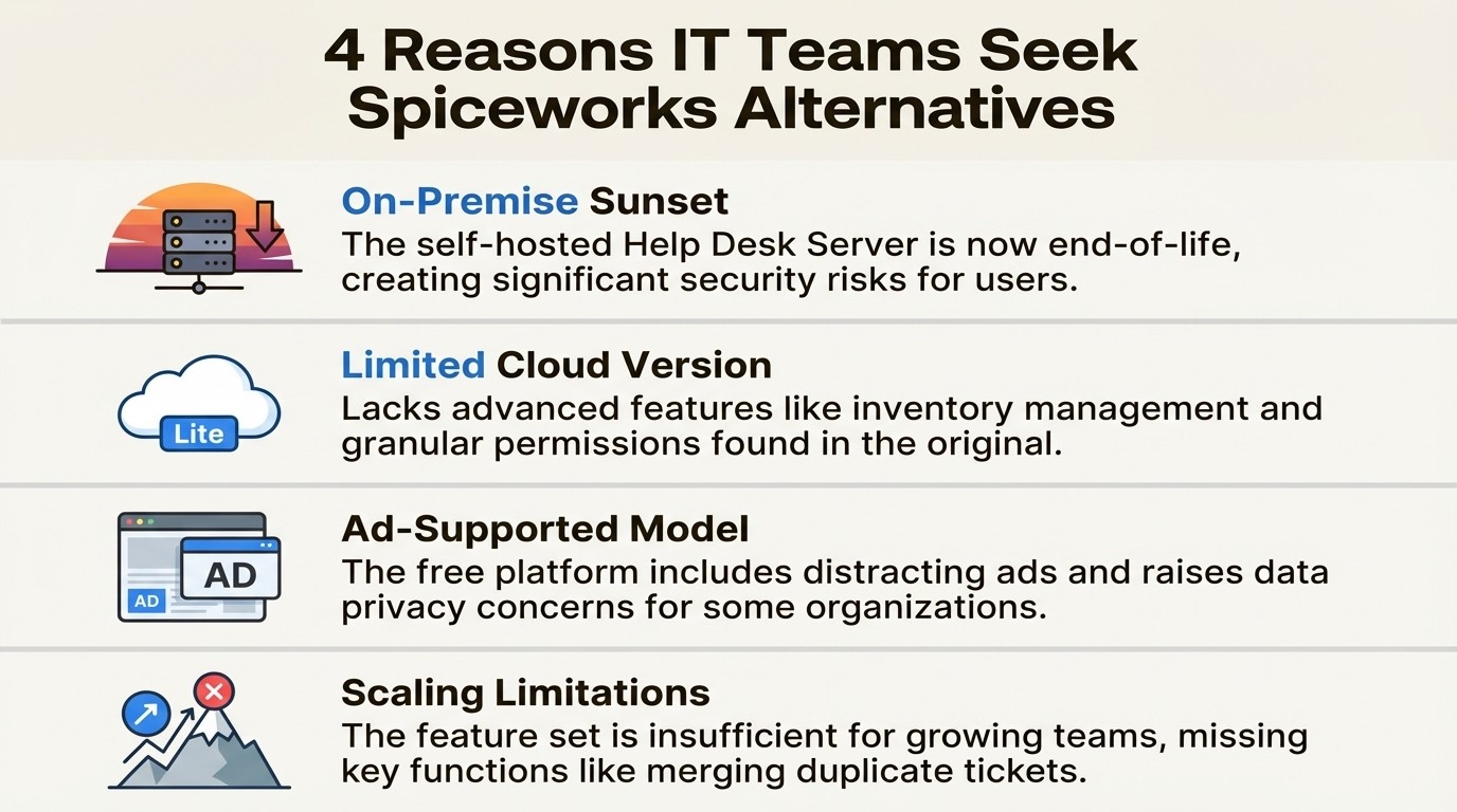 An infographic explaining the top reasons to find Spiceworks alternatives, including the on-premise sunset and limited features.