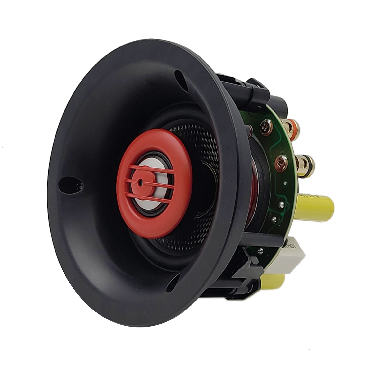Speaker component with black housing and red accent.