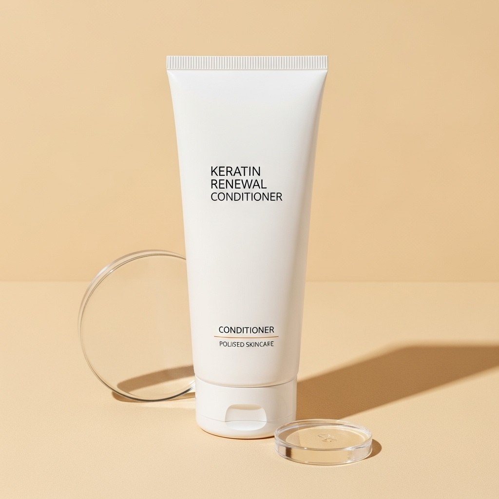 White tube of Keratin Renewal Conditioner by Polished Skincare on a beige background with glass petri dish accents.