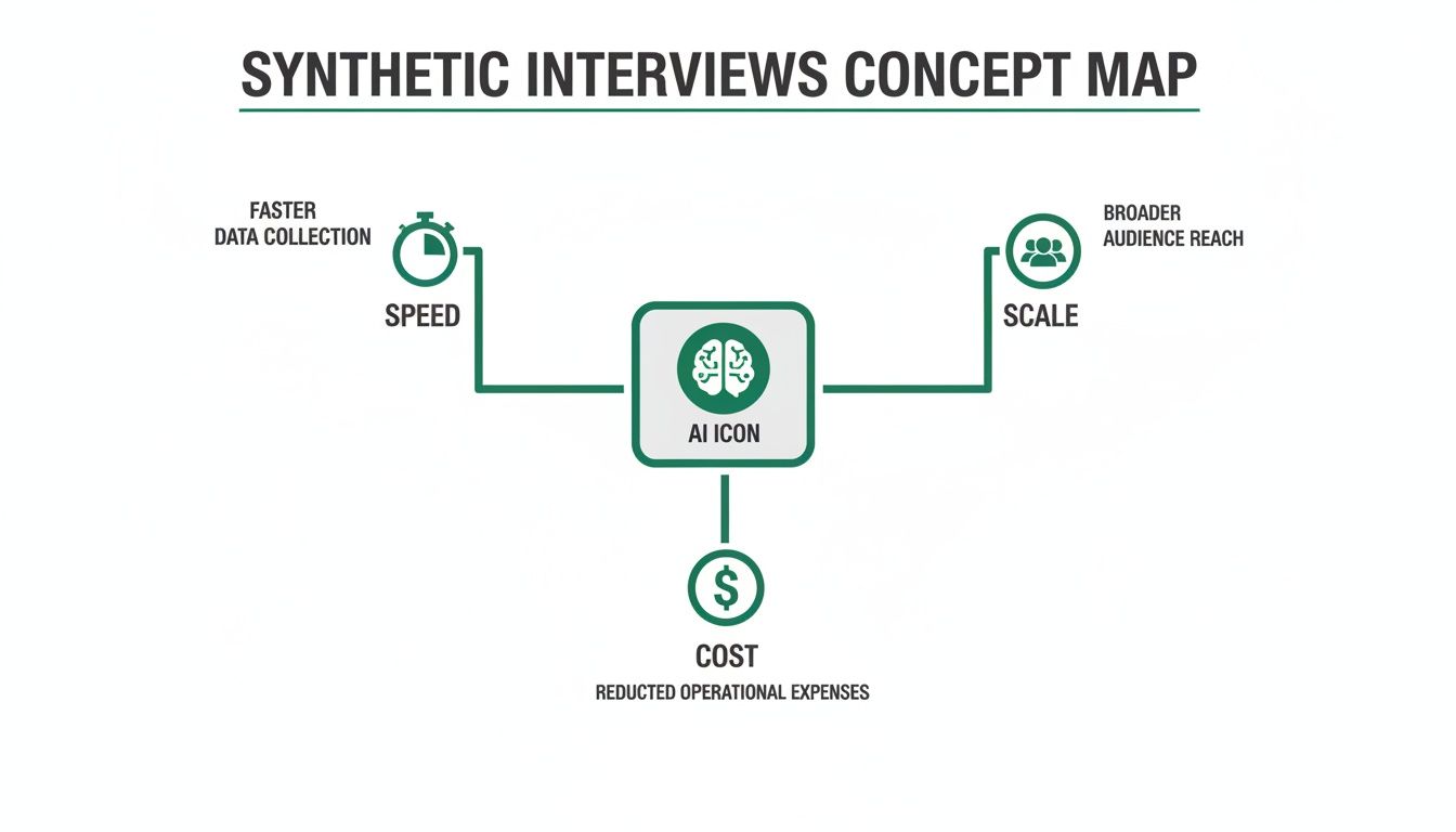 A concept map illustrates the AI-driven benefits of synthetic interviews: speed, scale, and reduced operational costs.