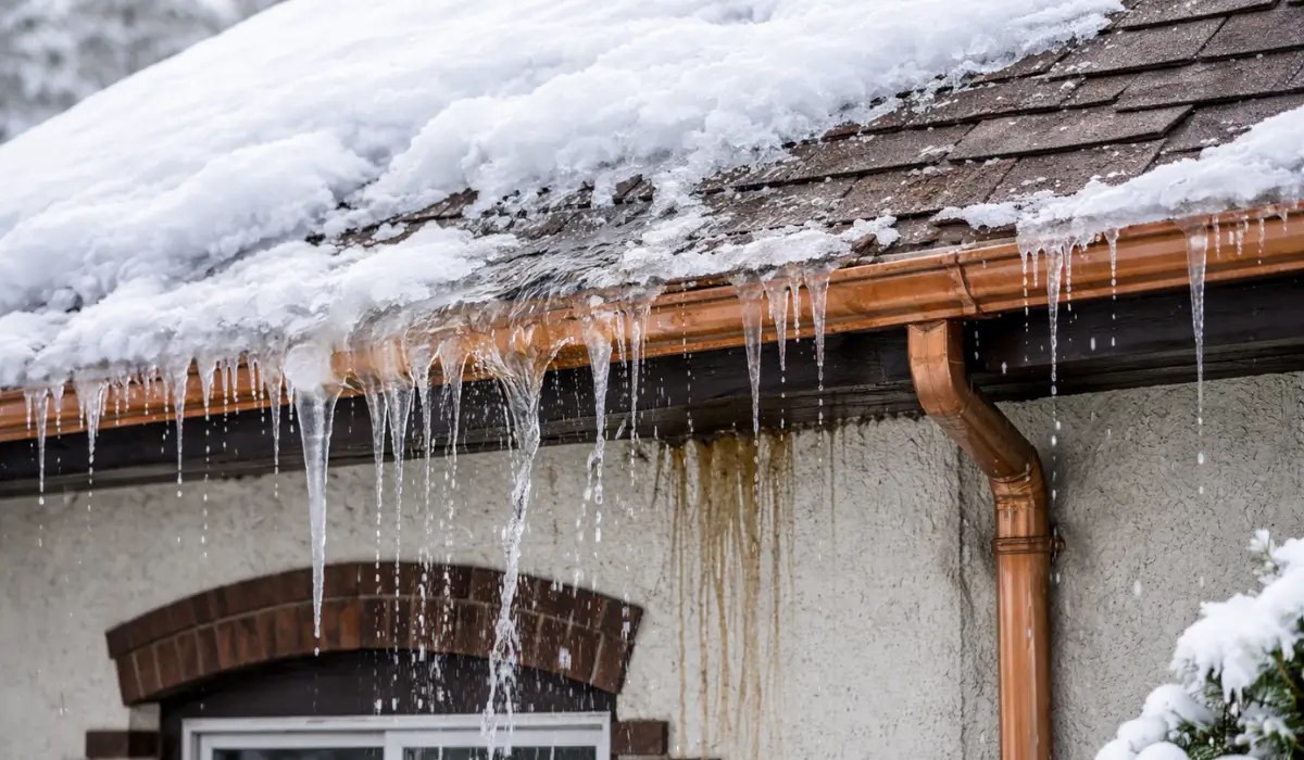 Ice dam forms on roof edge, causing roof leaks in winter and water stains down home siding.