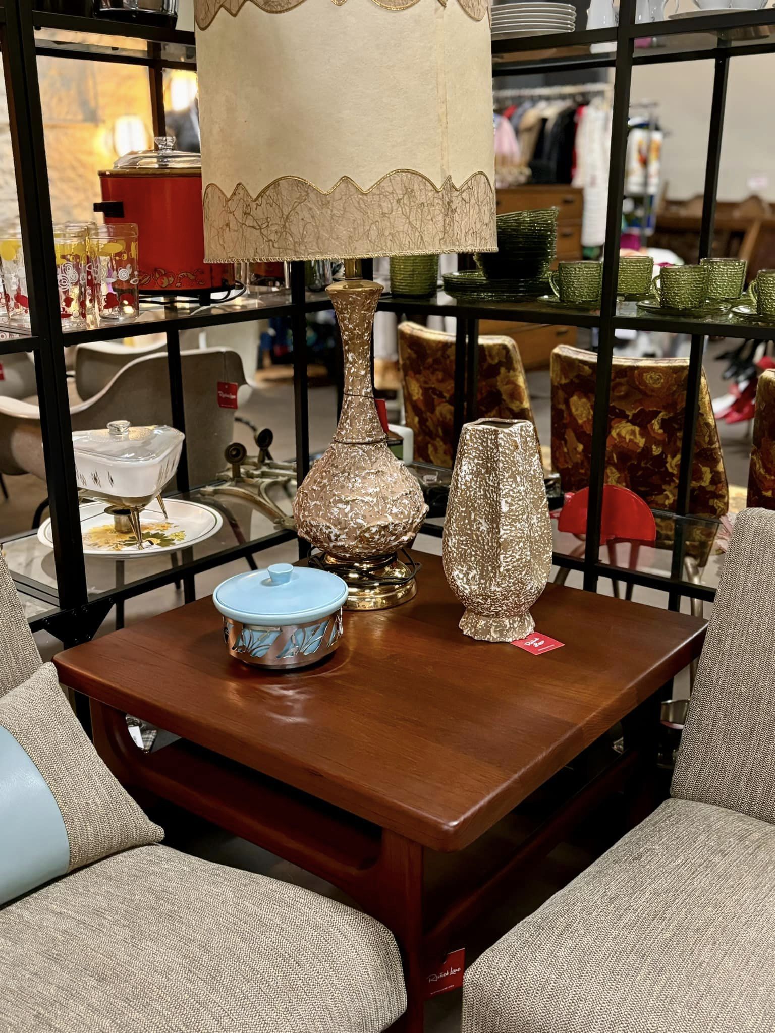 Solid teak end table with mid century atomic lamp