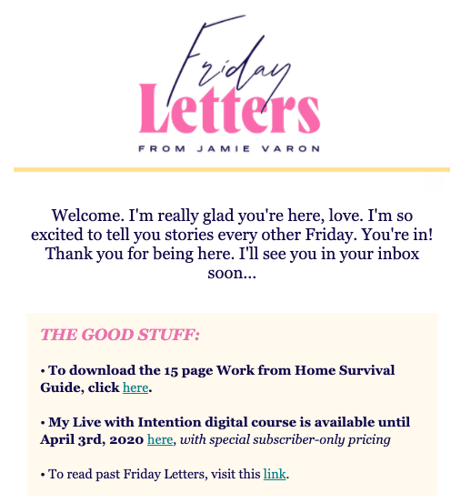 Jami Varon welcome email