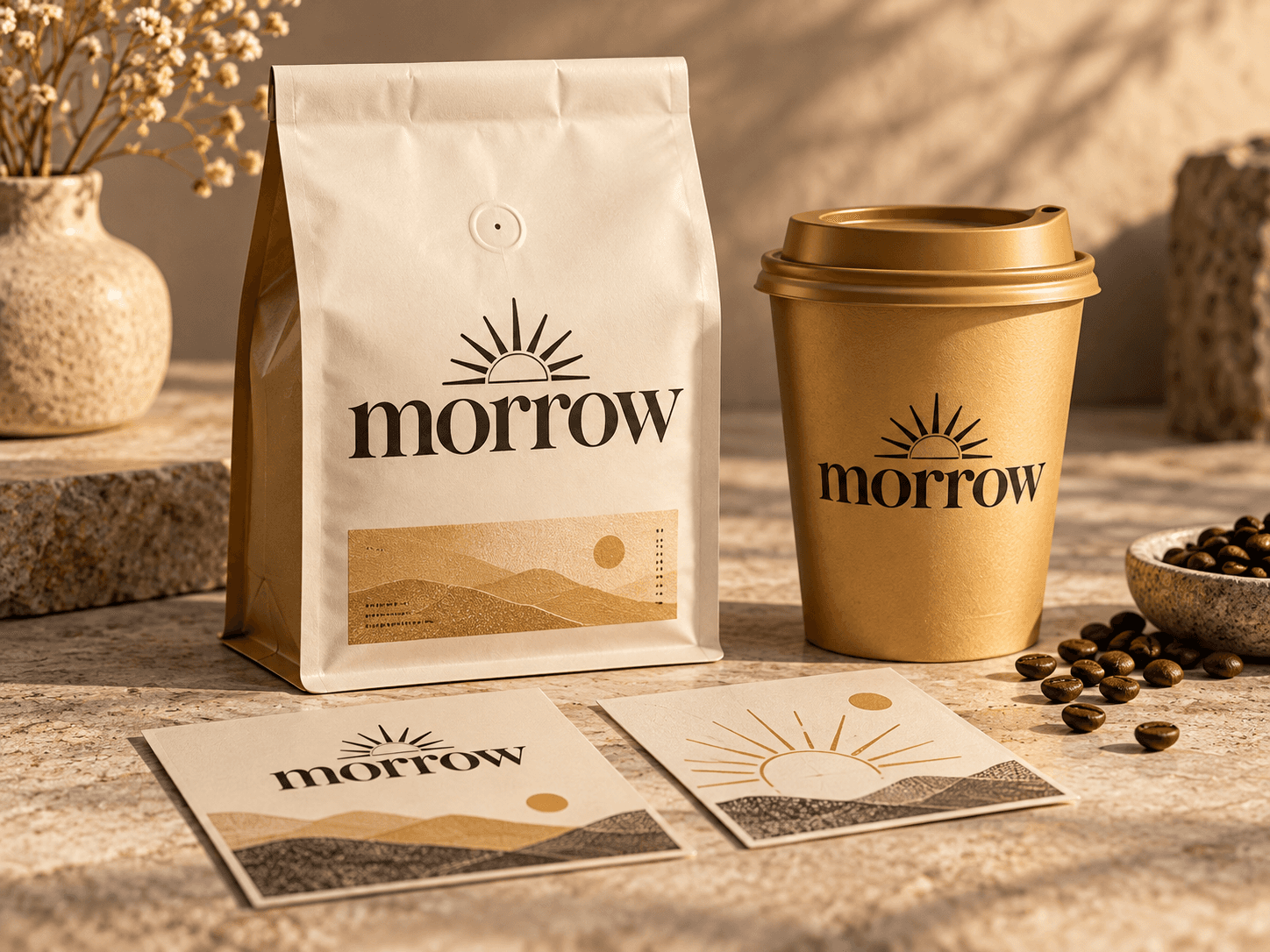 Morrow Coffee identity on a coffee bag, takeaway cup, and tasting cards