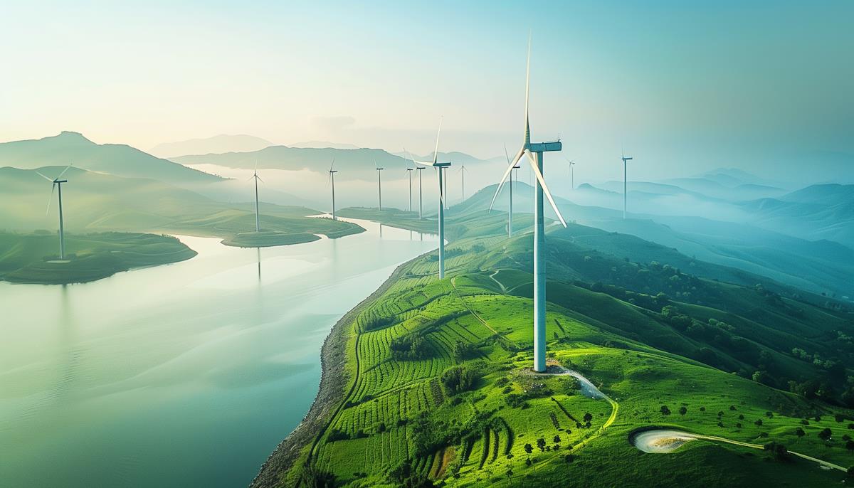 A serene landscape with wind turbines on lush green hills overlooking a calm river. The sun casts a gentle glow, highlighting the peaceful, eco-friendly scene.