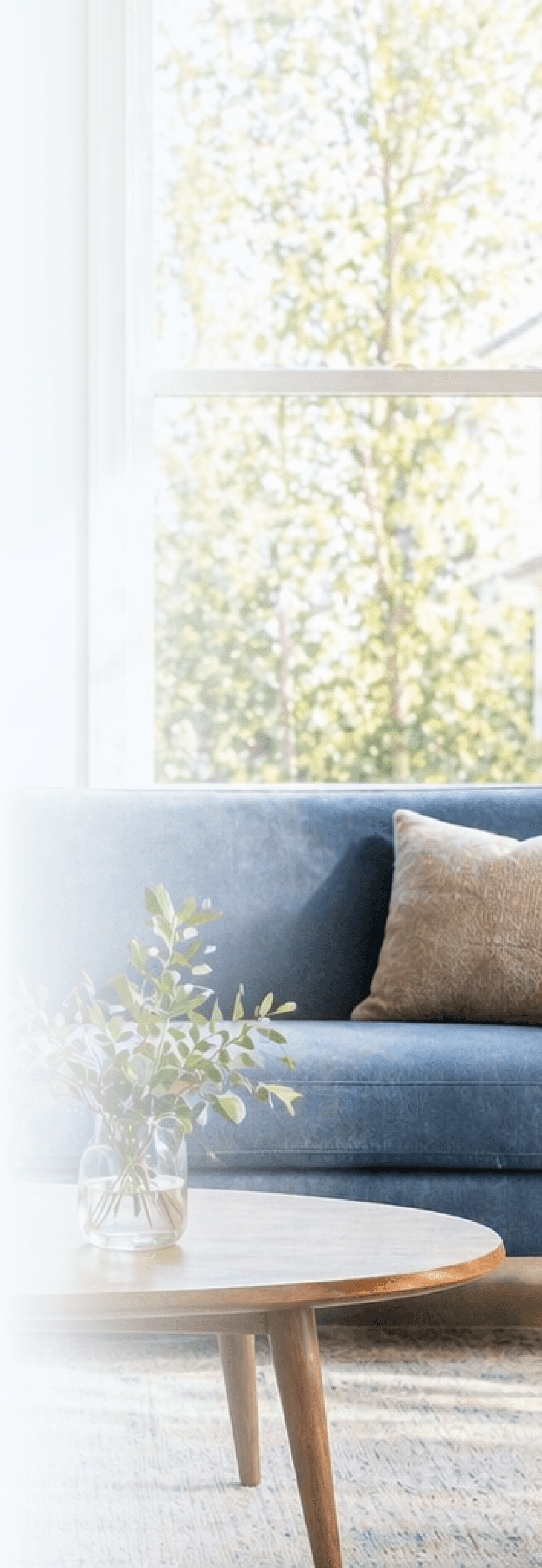 Bright modern living room with a blue sofa, wooden coffee table, plants, built-in shelves, and a large sunlit window.