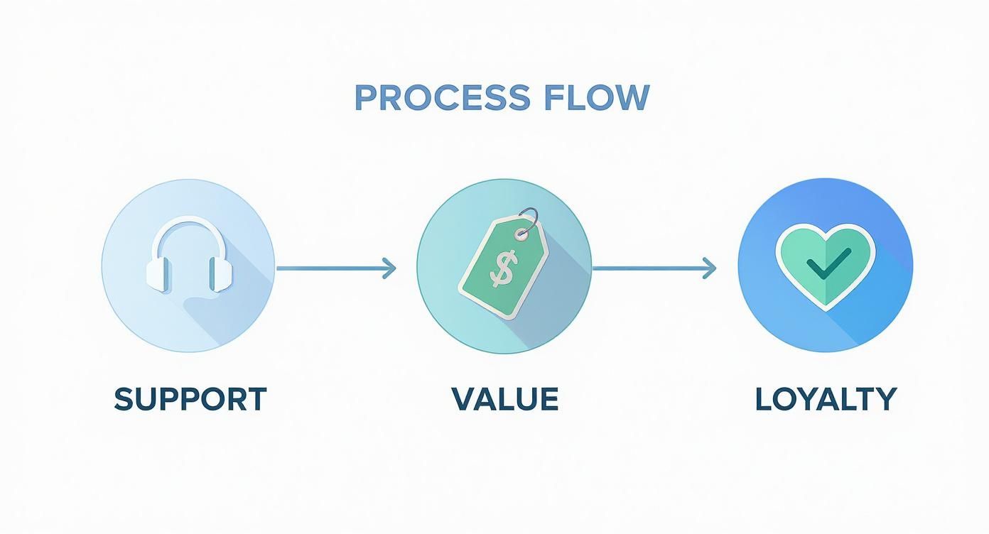 A process flow diagram showing steps from customer support to perceived value, leading to customer loyalty.