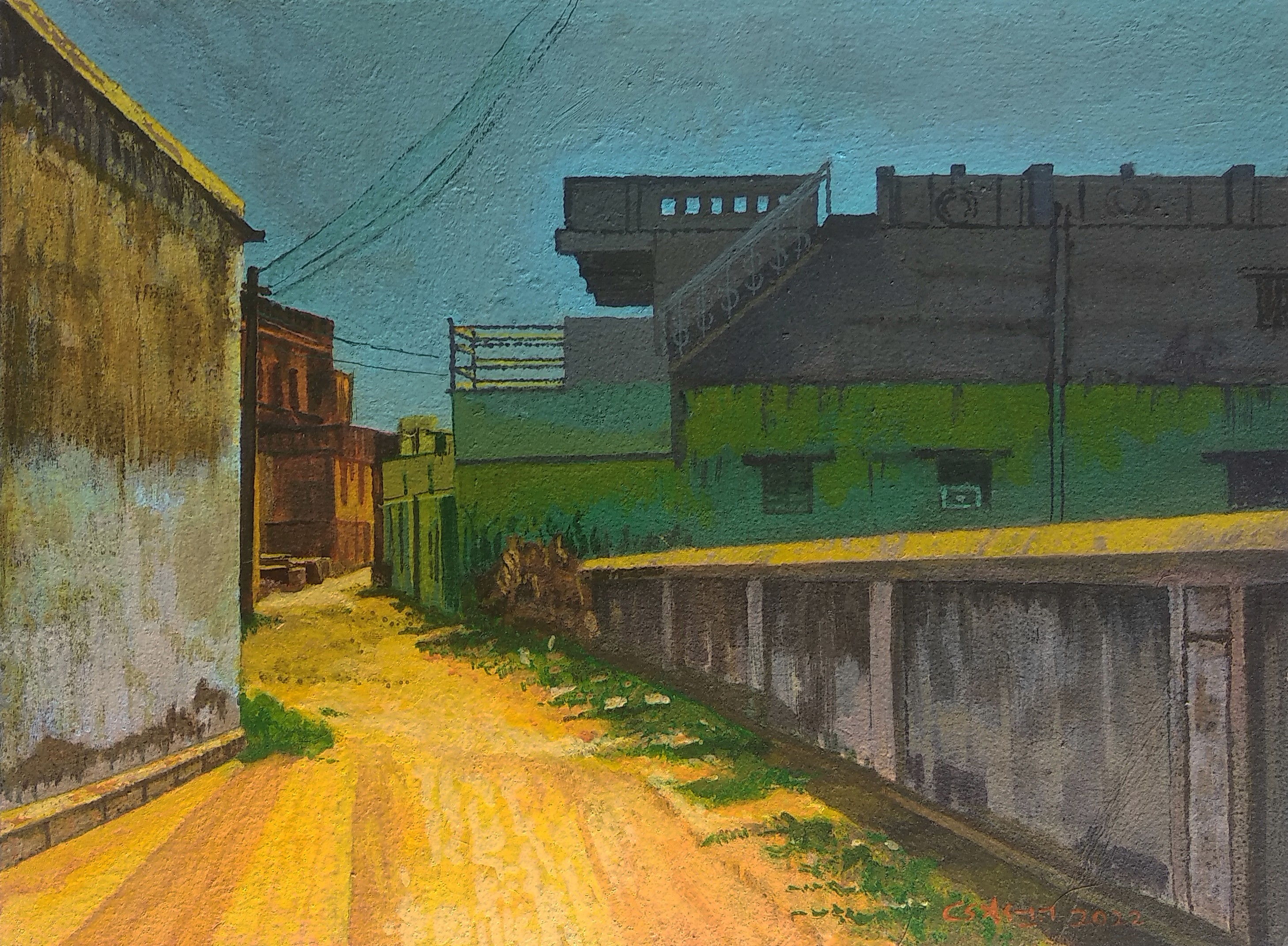 herd of sheep on road painting