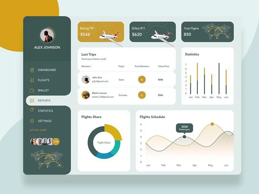 Modern SaaS dashboard interface with analytics charts, flight data statistics, and user management panel.