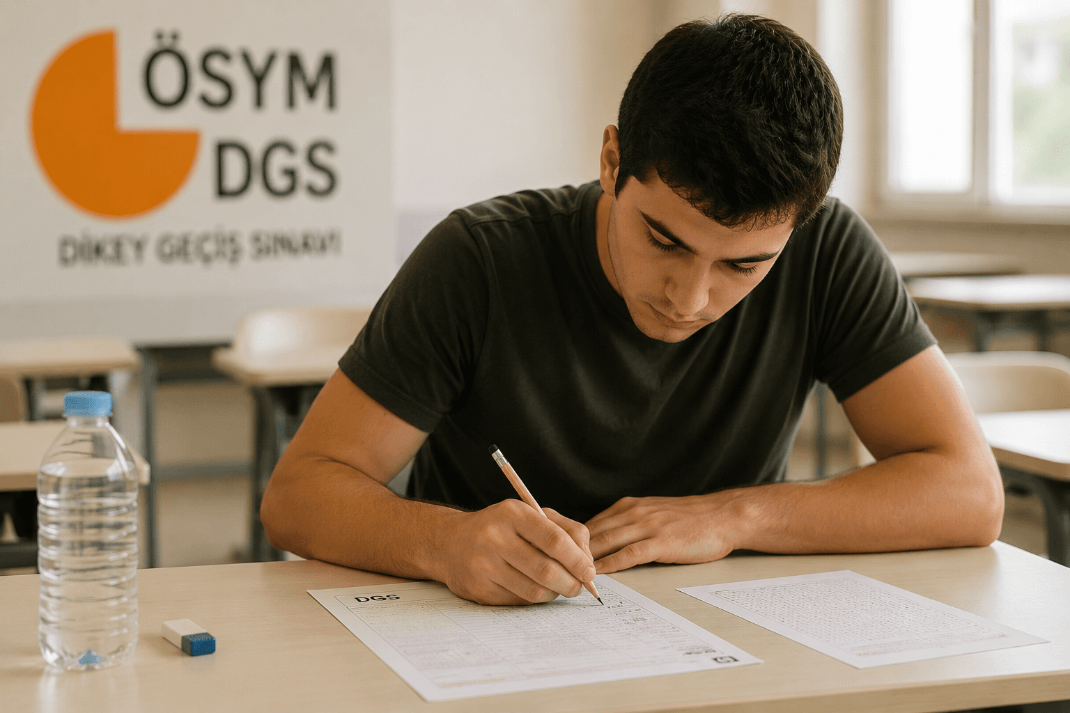 ÖSYM tarafından düzenlenen DGS sınavında optik form dolduran öğrencinin yer aldığı sade ve gerçekçi sınav salonu ortamı