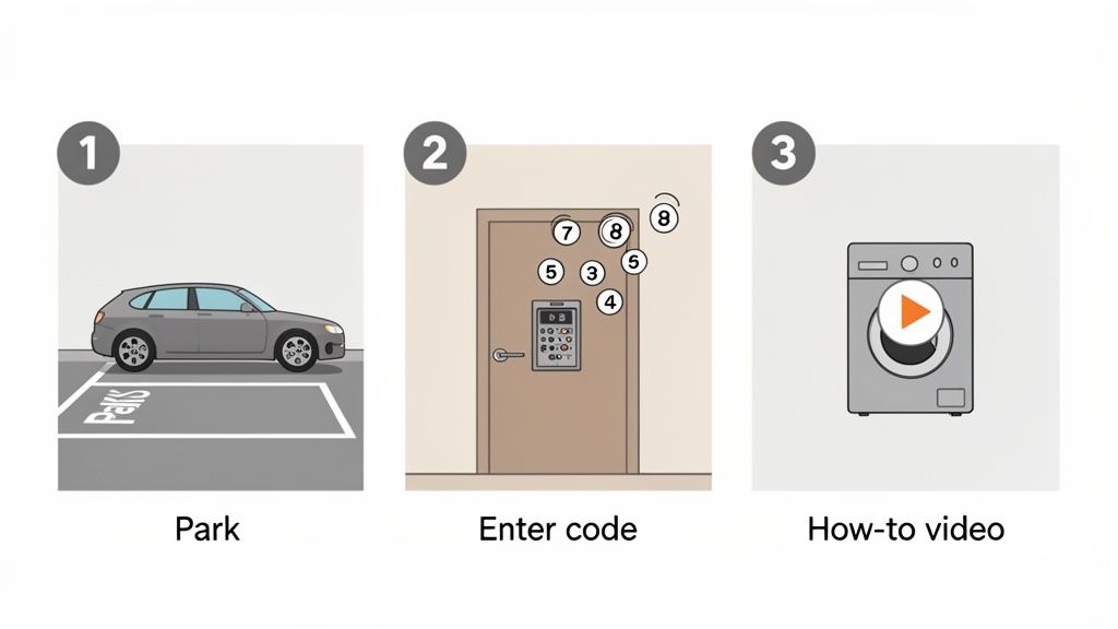 Illustrated guide showing steps for parking, door code entry, and watching a laundry machine video.