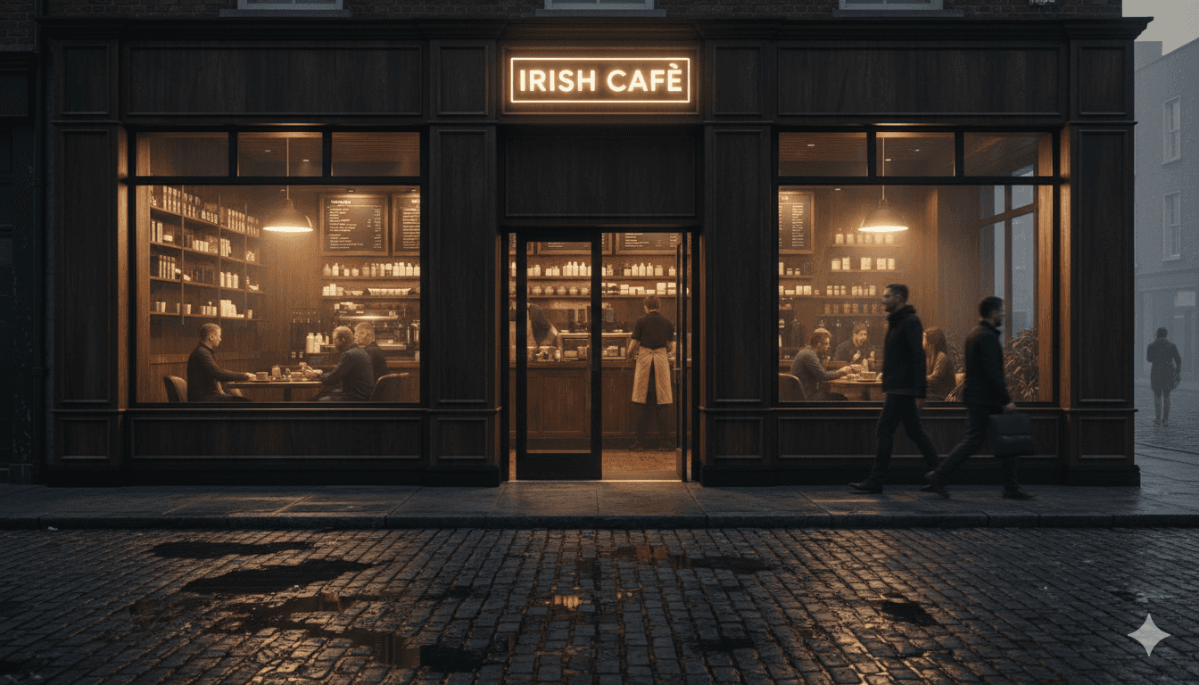 Exterior of a modern café at night with warm interior lighting and people visible inside through large glass windows.
