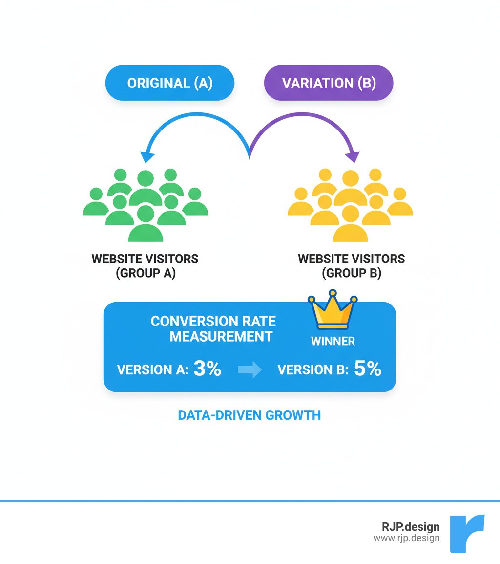 Infographic showing the A/B testing process: Original version (A) and Variation (B) at the top splitting into two arrows that point to groups of website visitors, which then converge into a conversion rate measurement comparing Version A performance versus Version B performance, with a crown icon above the winner - eCommerce website A/B testing infographic 