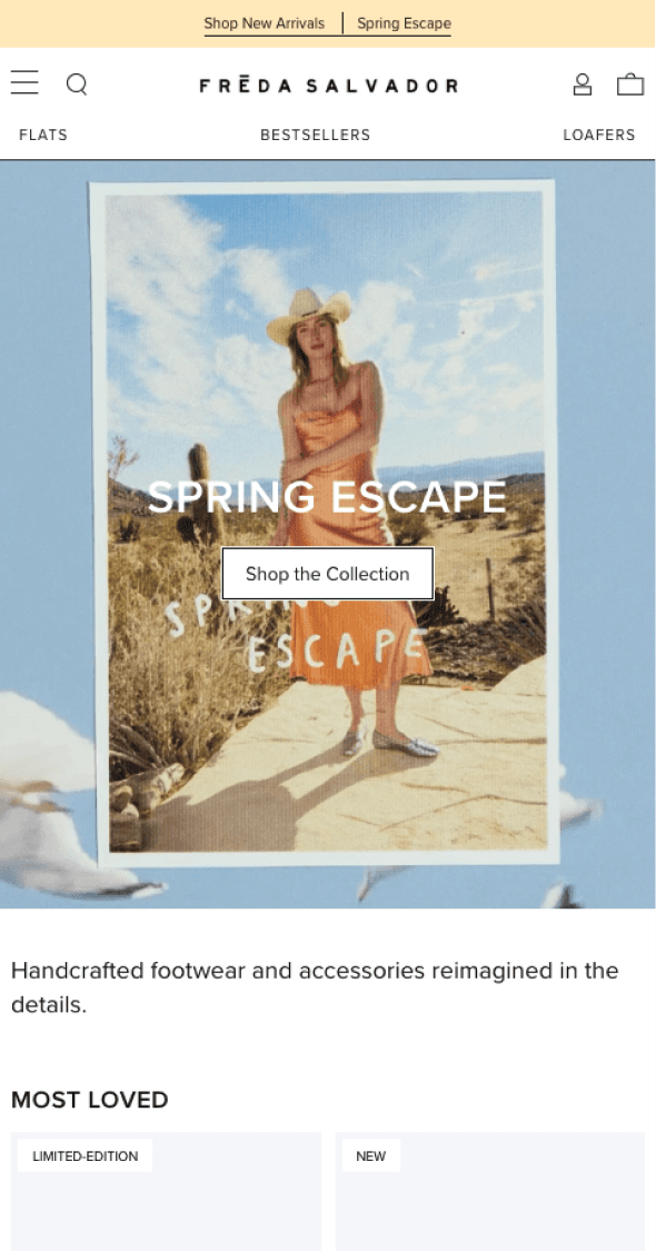 Mobile homepage for Freda Salvador featuring seasonal footwear campaign