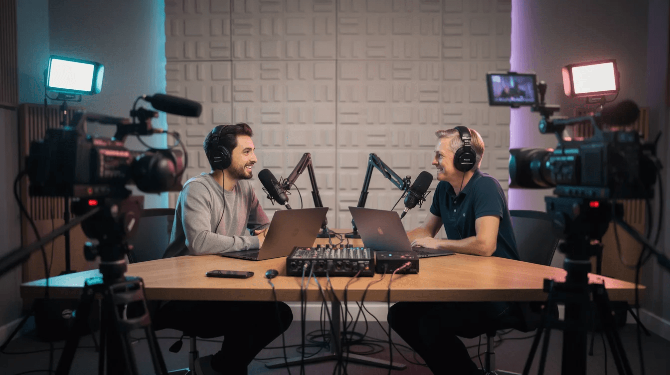 Un plateau de podcast professionnel est présenté avec deux personnes engagées dans une conversation animée, entourées de caméras et de micros de haute qualité. Ce studio de podcast à Paris offre un environnement acoustique optimal pour la création de contenus captivants.