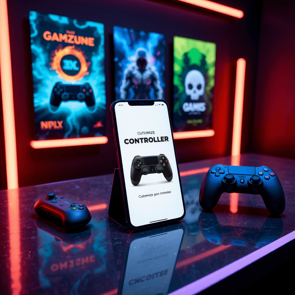 product photography of a mobile phone displaying a customizable gaming controller website