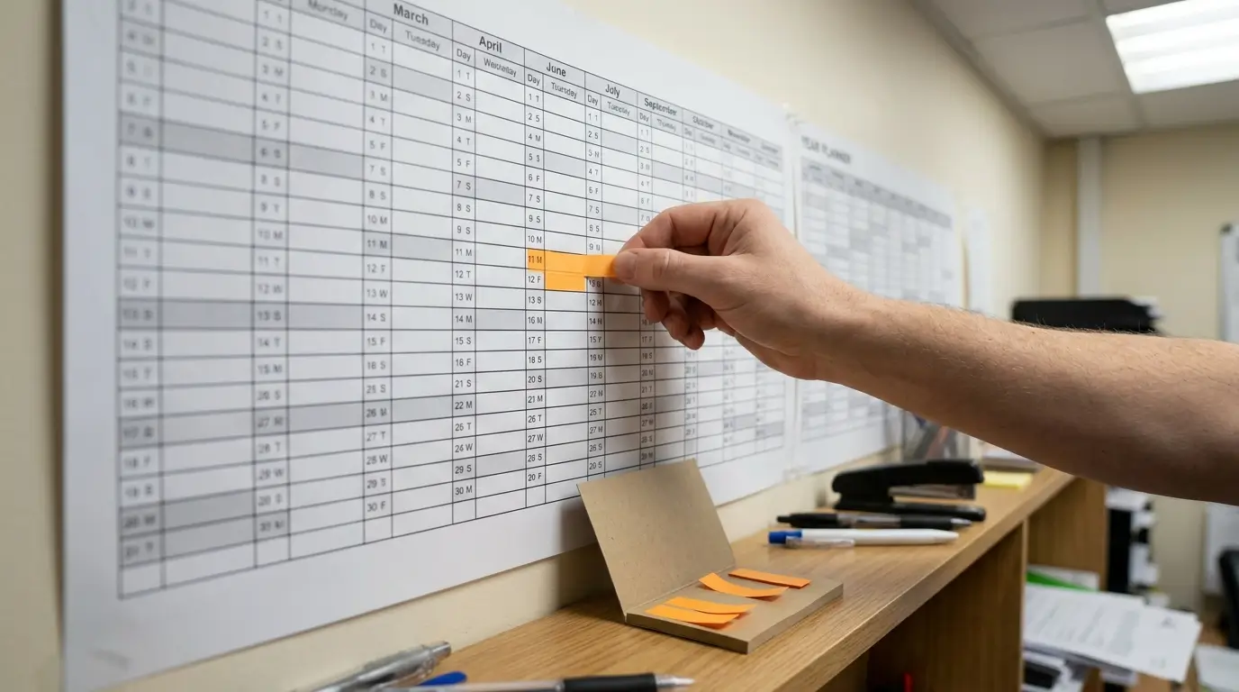 A hand presses a coloured sticky tab across a few days on a year planner taped to a back-office wall, beside a part-used pad of the same tabs.