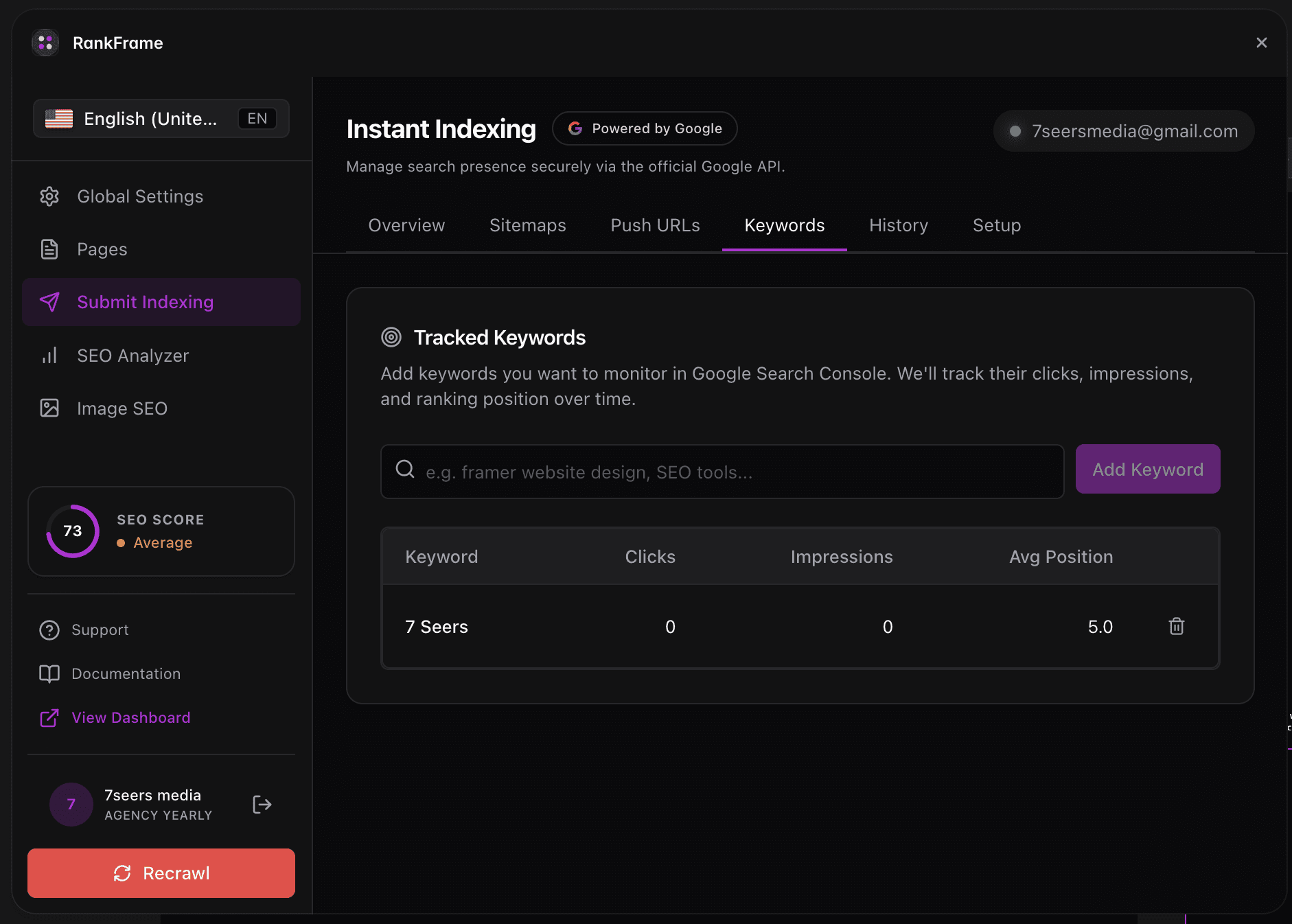 Full page Keyword Tracker in RankFrame
