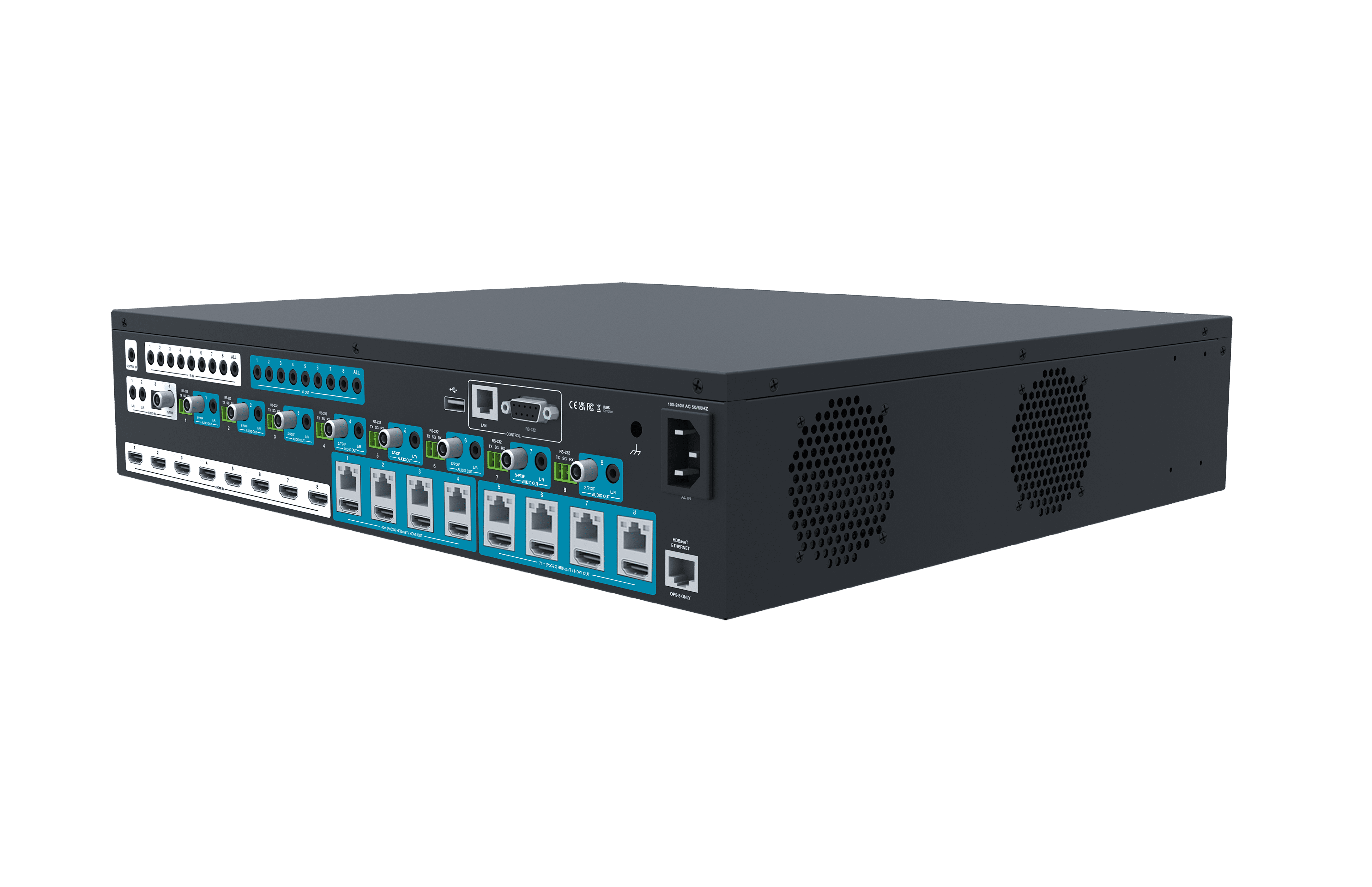 Rack-mount AV matrix switcher with multiple HDMI, USB, and RJ45 ports.