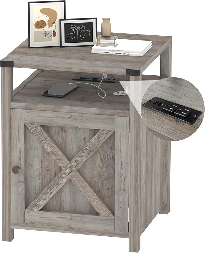 Farmhouse nightstand with charging station – A stylish and functional furniture piece, perfect for any modern home.