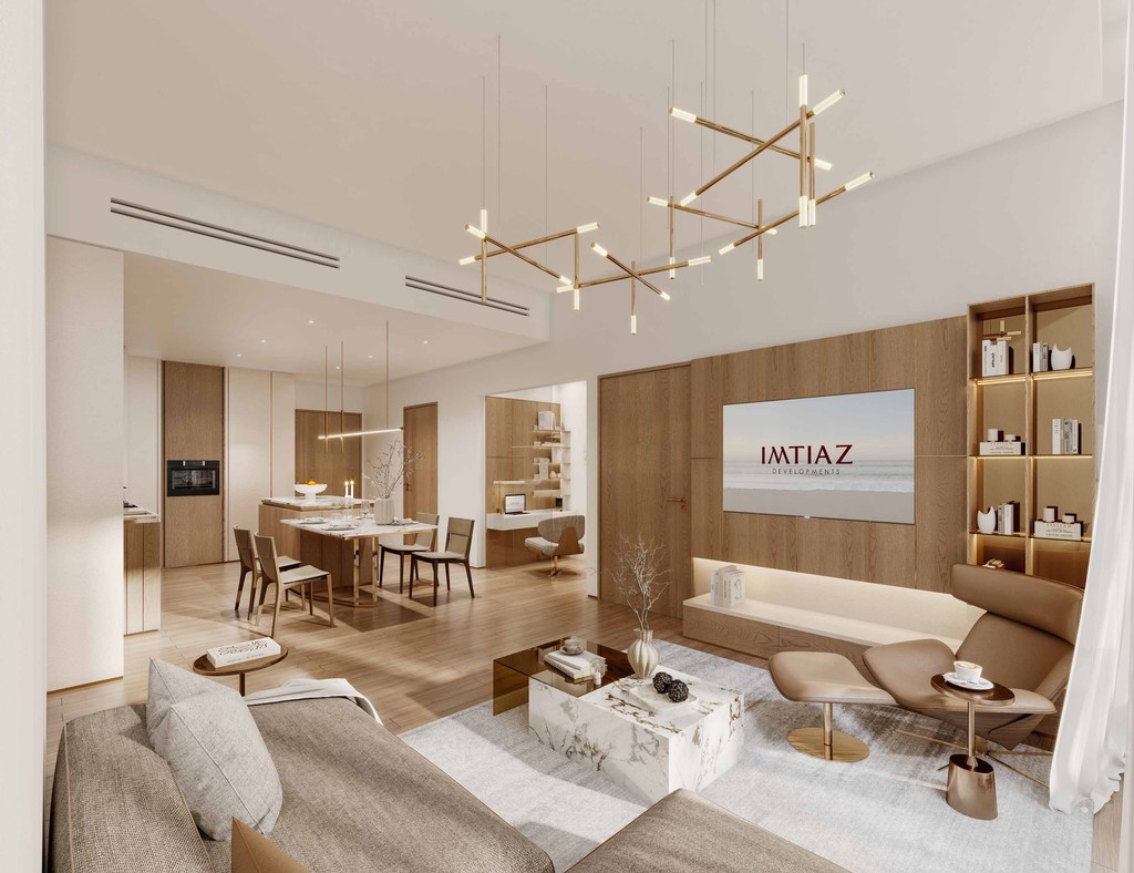A modern living room at Wynwood Horizon featuring a large television and contemporary furnishings