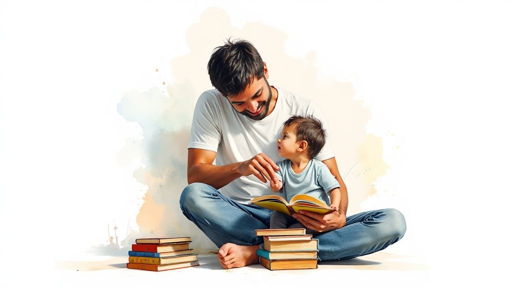 A happy father reads a book to his baby, sitting on the floor surrounded by colorful books.