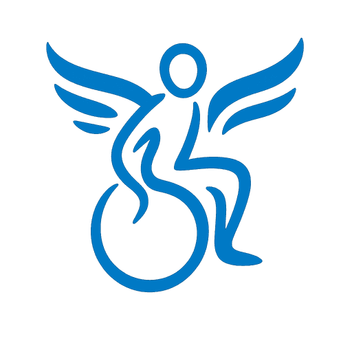 Logo of Wheeling. An stylised wheelchair user with wings