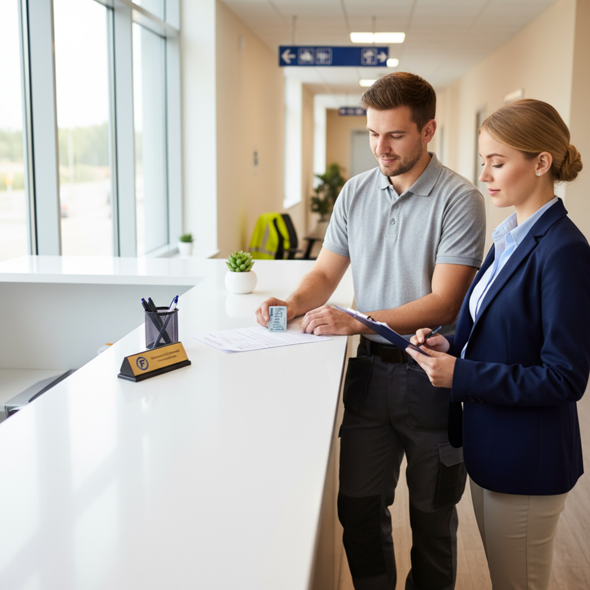 An einem hellen Empfangstisch legt ein Fahrer seinen Führerschein neben einen vorbereiteten Papierbogen, während eine Kollegin eine Kontrollliste überfliegt. Ein dezentes Namensschild, klare Beleuchtung, ruhige Atmosphäre. Der Moment zeigt Sorgfalt und nachvollziehbare Abläufe ohne Hektik.