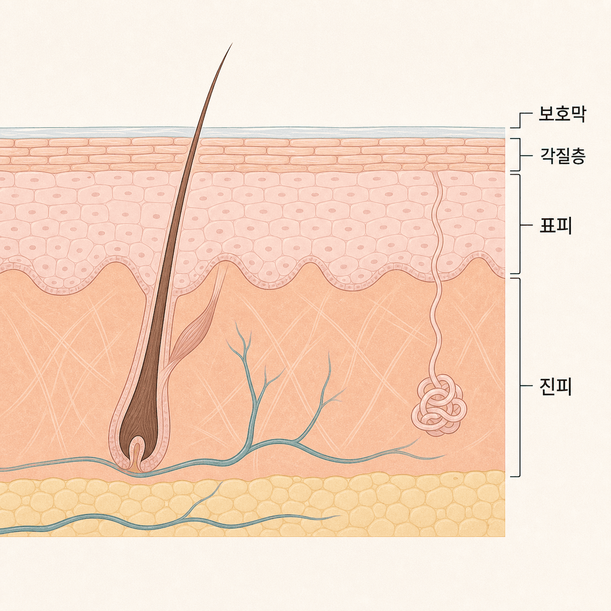 피부 가장 바깥의 각질층과 얇은 보호막