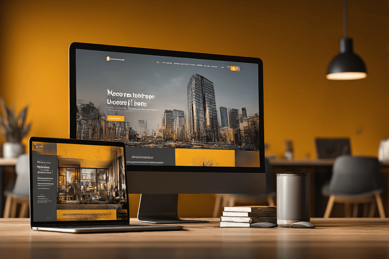 Modern website design on a computer and laptop, showcasing city views and architecture.