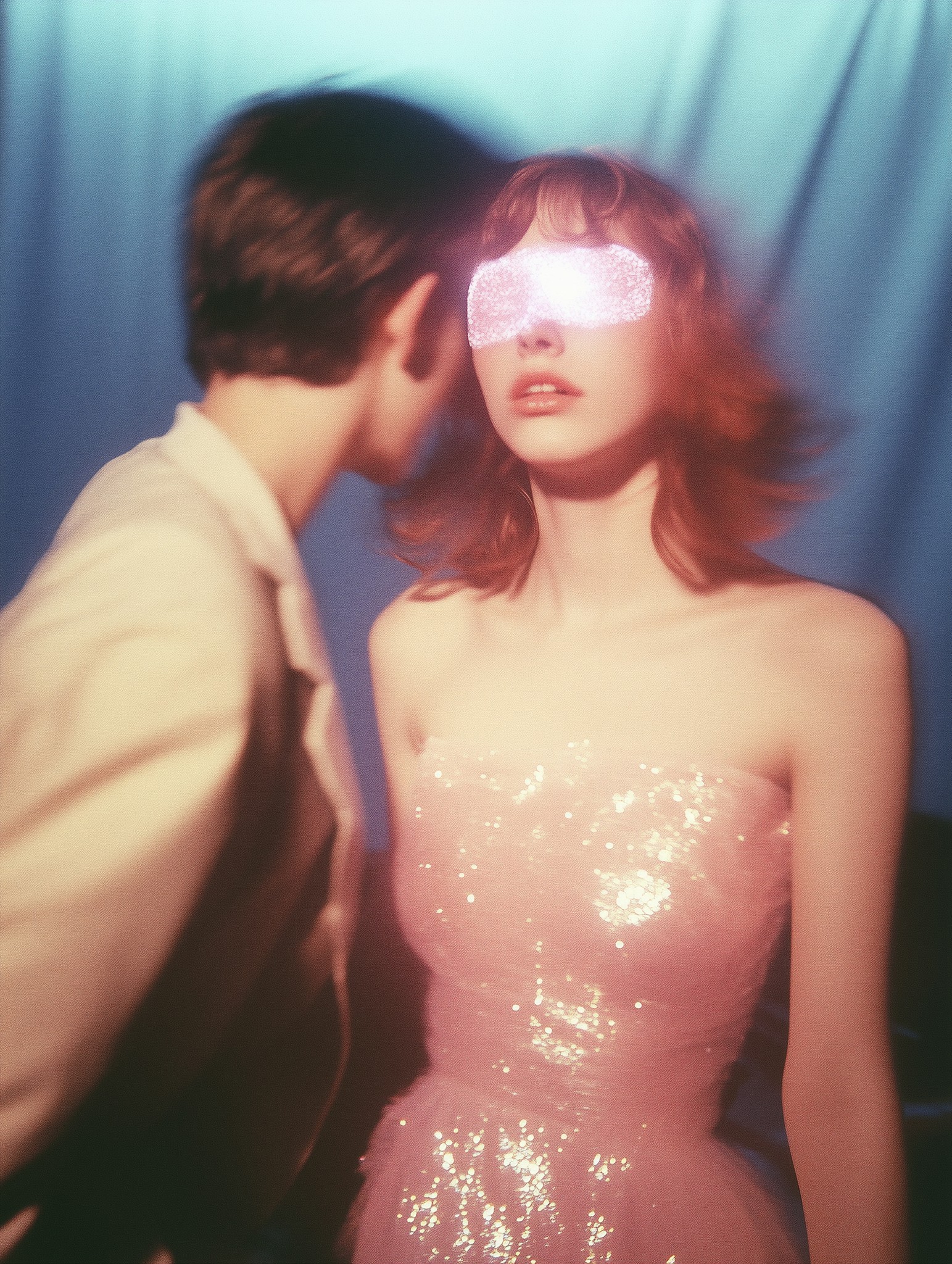 Soft-focus portrait of two people, with a woman in a shimmering strapless dress and glowing visor-like light across her eyes.