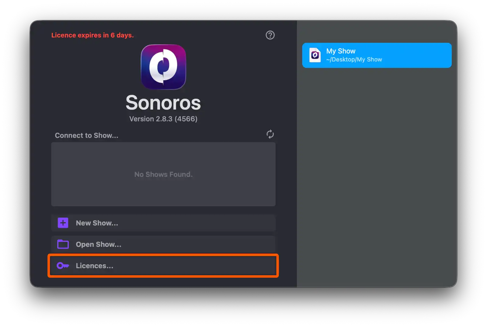 Show the license pane from the Sonoros splash screen