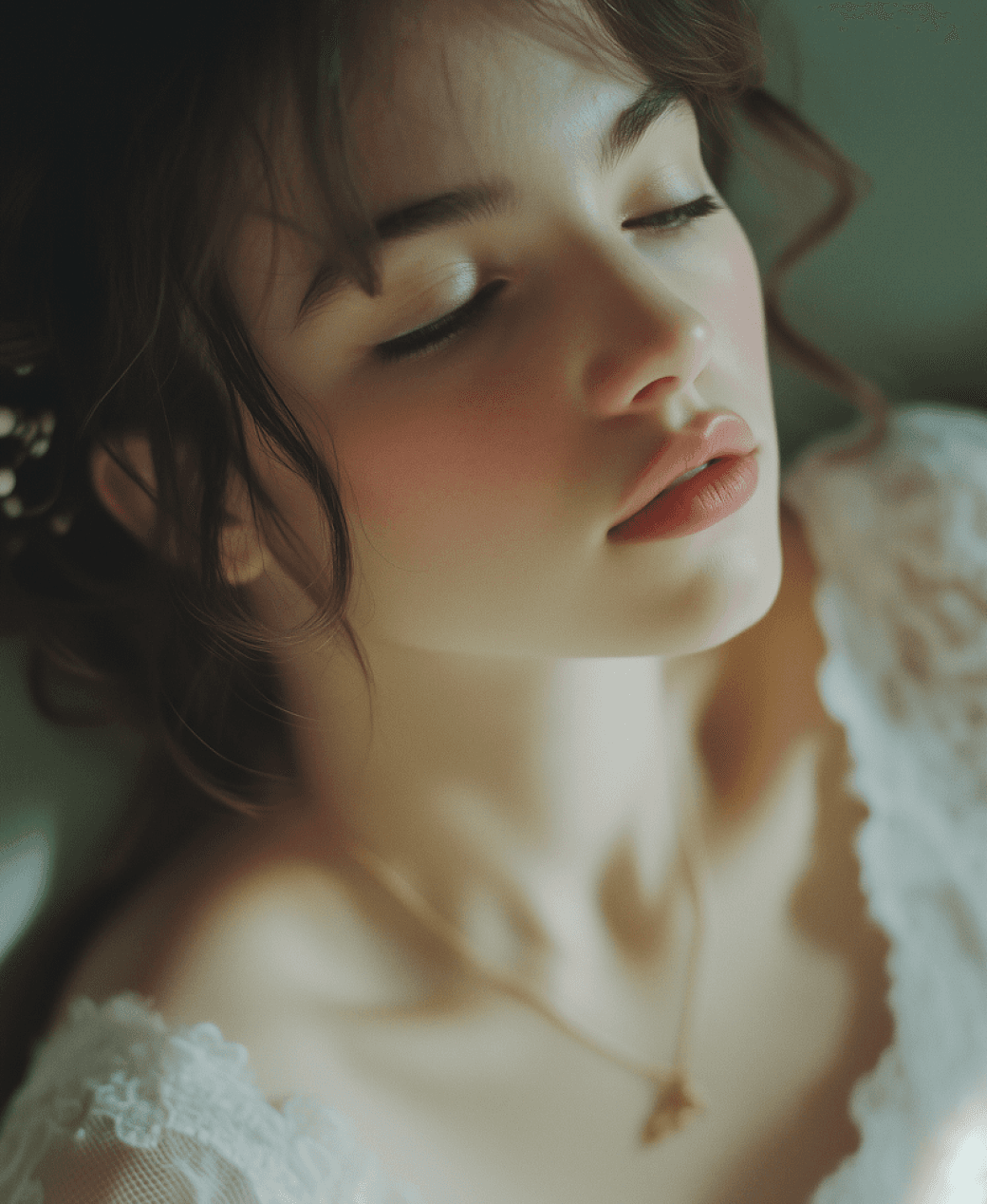 Close-up of a young woman with her eyes closed, wearing a white lace top and delicate necklace. Soft lighting enhances her makeup and hair.